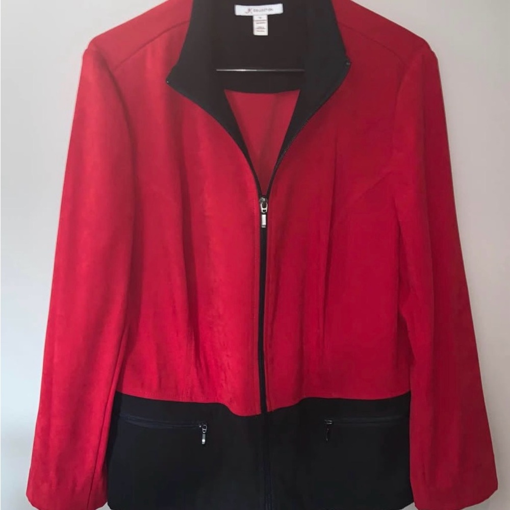 JM Collection Macy’s Red and Black Zip Front Jacket Size 12 Career